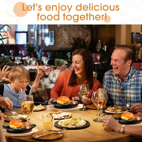 New Mifoci 6 Set Mini Cast Iron Skillets oval Fajita Plates + Wooden Base Dish - Picture 2 of 3